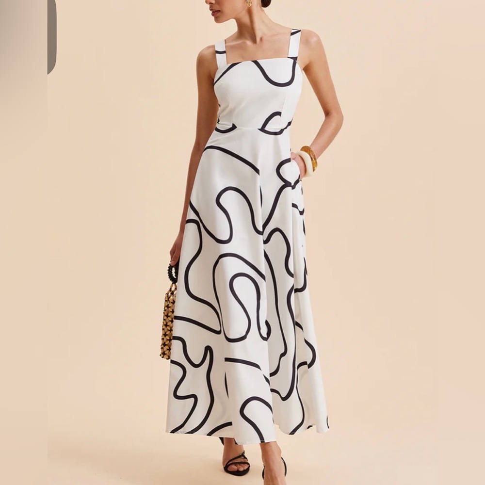 🆕 Commense Black & White Abstract Print Midi Dress, Size XS | SKU 0546